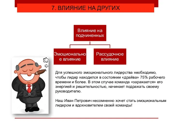 7. ВЛИЯНИЕ НА ДРУГИХ Для успешного эмоционального лидерства необходимо, чтобы