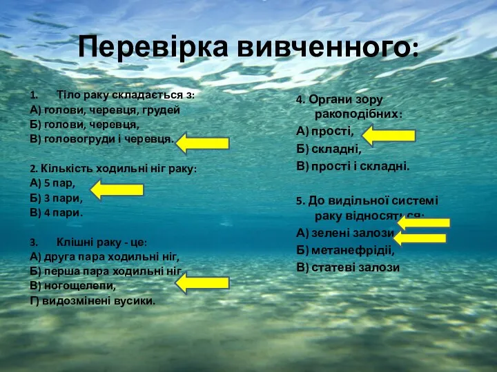 Перевірка вивченного: 1. Тіло раку складається з: А) голови, черевця,