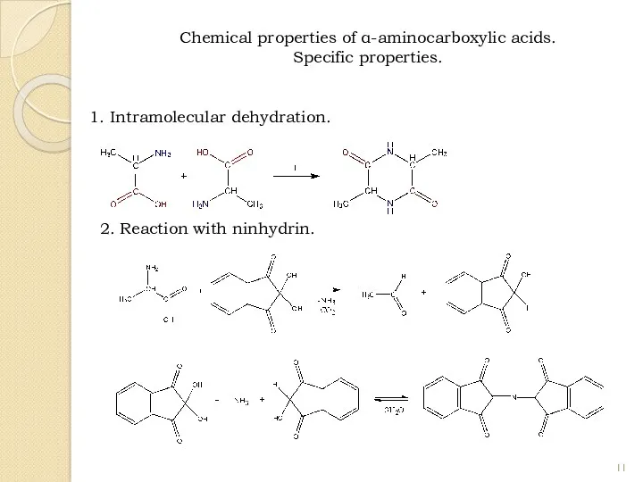 1. Intramolecular dehydration. 2. Reaction with ninhydrin. Chemical properties of α-aminocarboxylic acids. Specific properties.