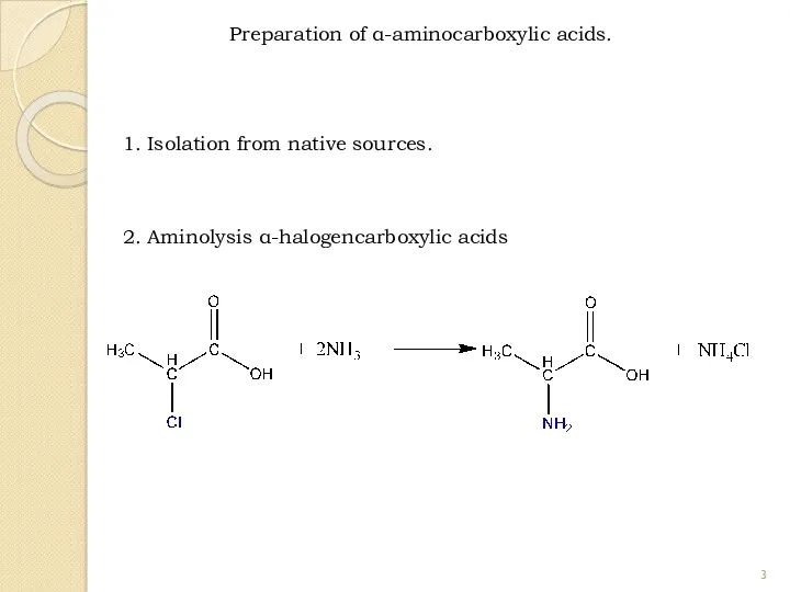 Preparation of α-aminocarboxylic acids. 2. Aminolysis α-halogencarboxylic acids 1. Isolation from native sources.