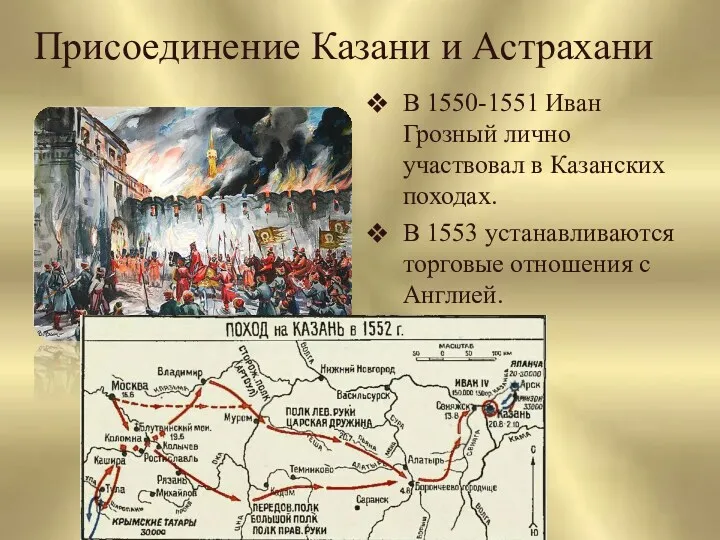 Присоединение Казани и Астрахани В 1550-1551 Иван Грозный лично участвовал