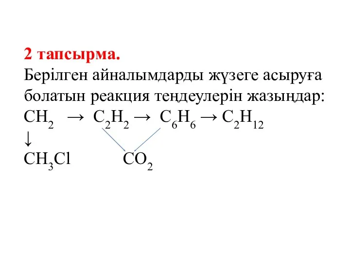 2 тапсырма. Берілген айналымдарды жүзеге асыруға болатын реакция теңдеулерін жазыңдар: