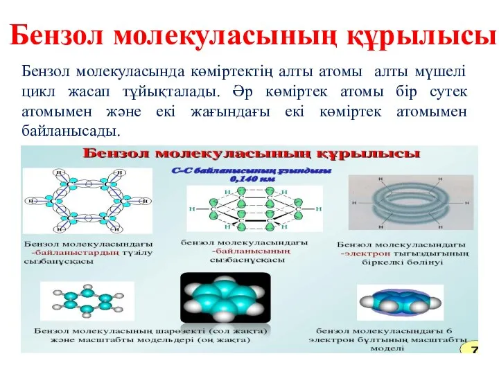 Бензол молекуласының құрылысы Бензол молекуласында көміртектің алты атомы алты мүшелі