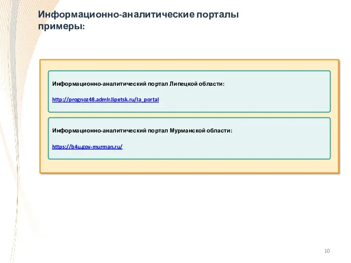 Информационно-аналитические порталы примеры: Информационно-аналитический портал Липецкой области: http://prognoz48.admlr.lipetsk.ru/Ia_portal Информационно-аналитический портал Мурманской области: https://b4u.gov-murman.ru/