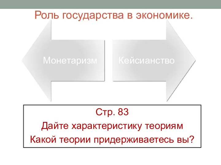 Роль государства в экономике. Стр. 83 Дайте характеристику теориям Какой теории придерживаетесь вы?