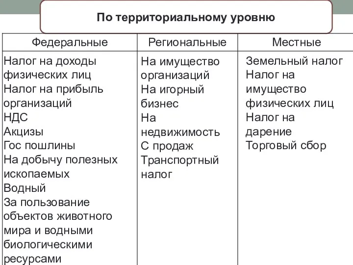 По территориальному уровню Налог на доходы физических лиц Налог на