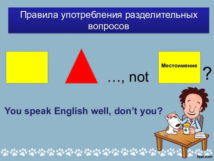 …, not Местоимение Правила употребления разделительных вопросов You speak English well, don’t you? ?