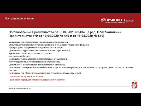 Пострадавшие отрасли Постановление Правительства от 03.04.2020 № 434 (в ред.