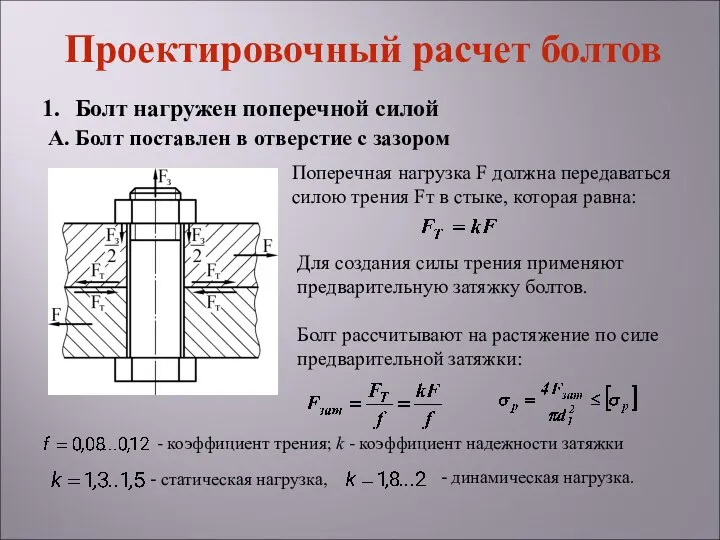 Проектировочный расчет болтов Болт нагружен поперечной силой А. Болт поставлен