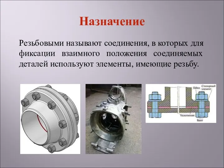 Резьбовыми называют соединения, в которых для фиксации взаимного положения соединяемых деталей используют элементы, имеющие резьбу. Назначение