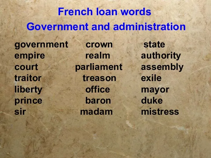 French loan words Government and administration government crown state empire