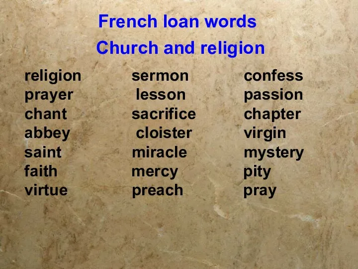 French loan words Church and religion religion sermon confess prayer