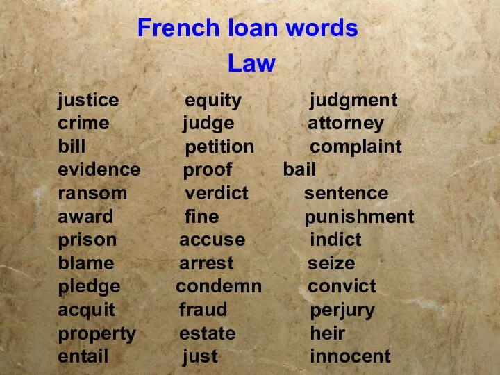 French loan words Law justice equity judgment crime judge attorney