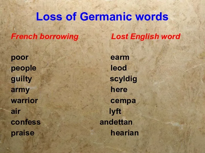 Loss of Germanic words French borrowing Lost English word poor