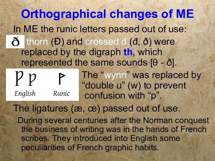 Orthographical changes of ME In ME the runic letters passed