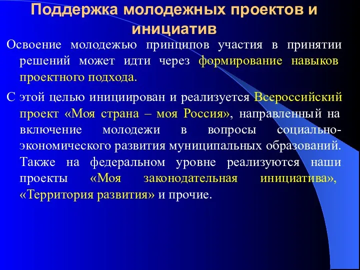 Поддержка молодежных проектов и инициатив Освоение молодежью принципов участия в