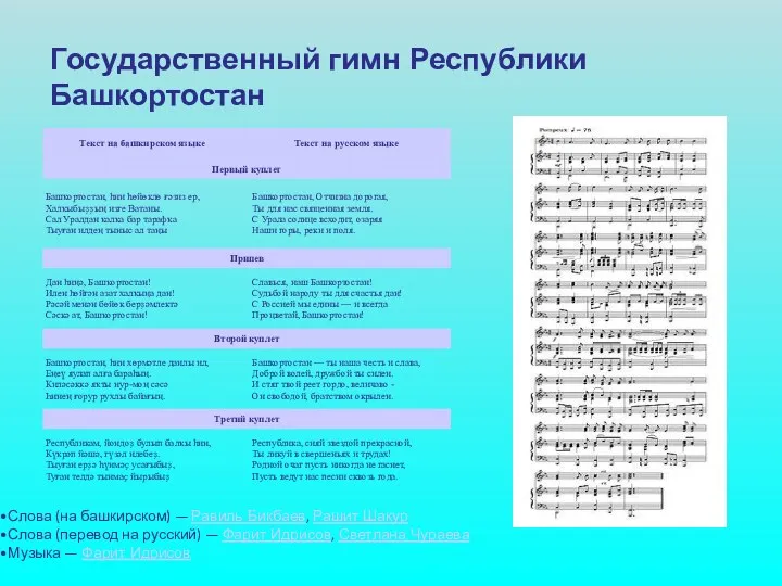 Государственный гимн Республики Башкортостан Слова (на башкирском) — Равиль Бикбаев, Рашит Шакур Слова