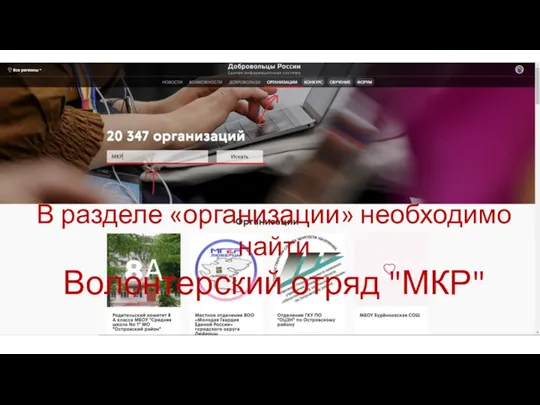 В разделе «организации» необходимо найти Волонтерский отряд "МКР"