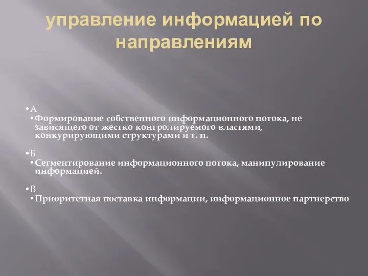 управление информацией по направлениям А Формирование собственного информационного потока, не