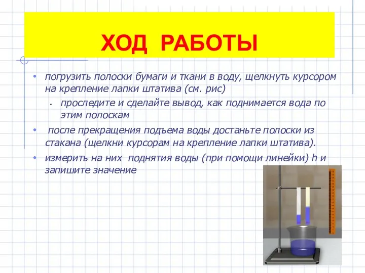 ХОД РАБОТЫ погрузить полоски бумаги и ткани в воду, щелкнуть