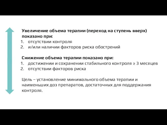 Увеличение объема терапии (переход на ступень вверх) показано при: отсутствии