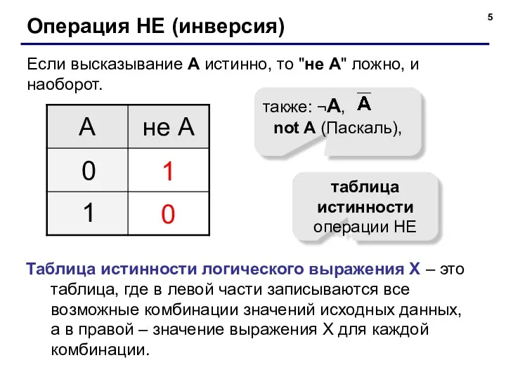 Операция НЕ (инверсия) Если высказывание A истинно, то "не А"