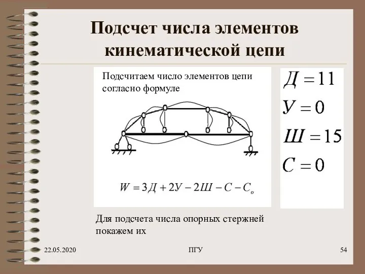 22.05.2020 ПГУ Подсчет числа элементов кинематической цепи Подсчитаем число элементов