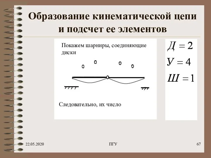 22.05.2020 ПГУ Образование кинематической цепи и подсчет ее элементов Покажем шарниры, соединяющие диски Следовательно, их число