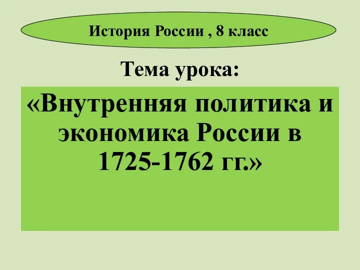 Тема урока: «Внутренняя политика и экономика России в 1725-1762 гг.» История России , 8 класс