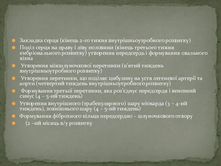 Закладка серця (кінець 2-го тижня внутрішньоутробного розвитку) Поділ серця на