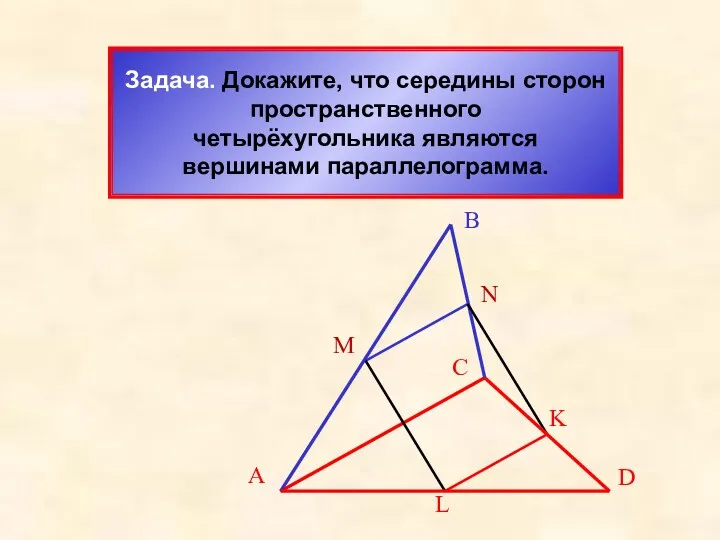 Задача. Докажите, что середины сторон пространственного четырёхугольника являются вершинами параллелограмма.