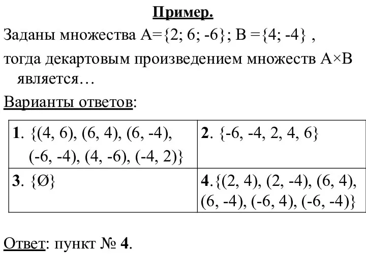 Пример. Заданы множества А={2; 6; -6}; В ={4; -4} ,