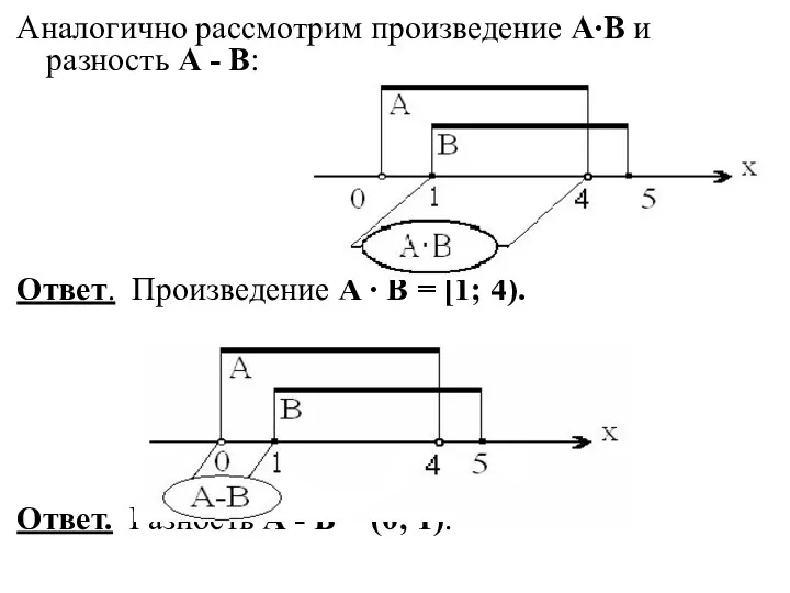 Аналогично рассмотрим произведение А∙В и разность А - В: Ответ.