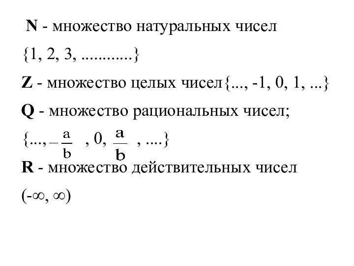 N - множество натуральных чисел {1, 2, 3, ............} Z