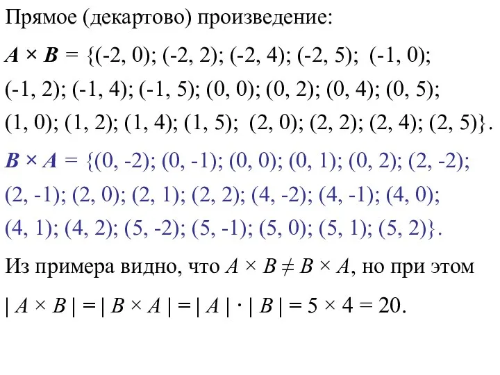 Прямое (декартово) произведение: А × В = {(-2, 0); (-2,