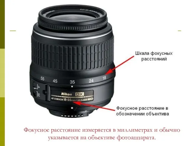 Фокусное расстояние измеряется в миллиметрах и обычно указывается на объективе фотоаппарата.