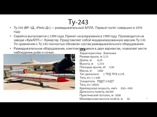 Ту-243 Ту-243 (ВР-3Д, «Рейс-Д») — разведывательный БПЛА. Первый полёт совершил