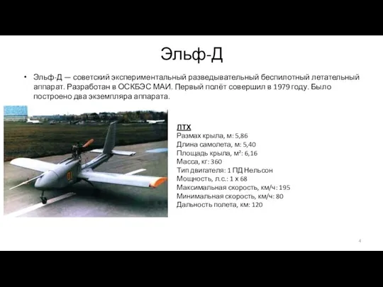 Эльф-Д Эльф-Д — советский экспериментальный разведывательный беспилотный летательный аппарат. Разработан