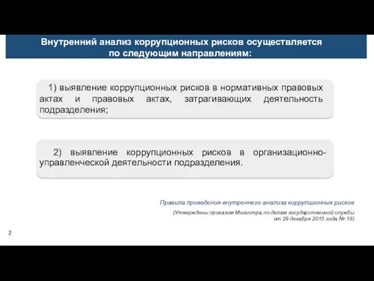 2) выявление коррупционных рисков в организационно-управленческой деятельности подразделения. Правила проведения внутреннего анализа коррупционных