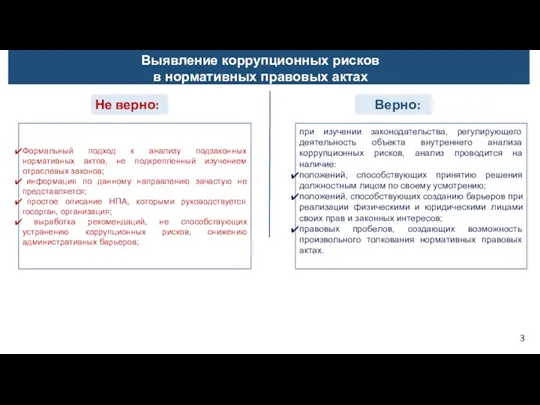 Выявление коррупционных рисков в нормативных правовых актах Не верно: Верно: 3 Формальный подход