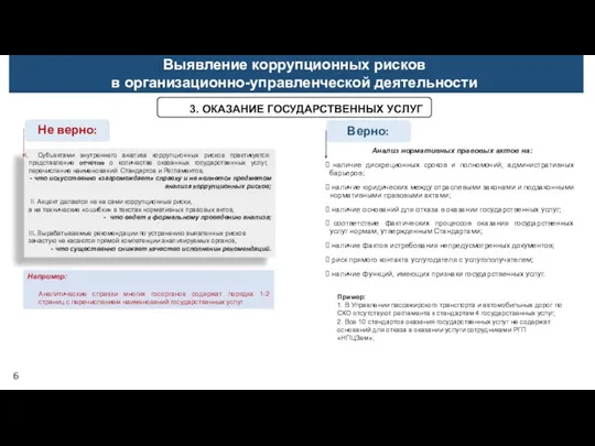 3. ОКАЗАНИЕ ГОСУДАРСТВЕННЫХ УСЛУГ Не верно: Субъектами внутреннего анализа коррупционных рисков практикуется представление