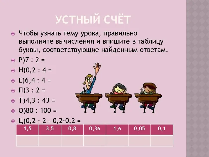 УСТНЫЙ СЧЁТ Чтобы узнать тему урока, правильно выполните вычисления и