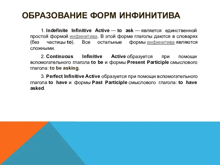 ОБРАЗОВАНИЕ ФОРМ ИНФИНИТИВА 1. Indefinite Infinitive Active — to ask