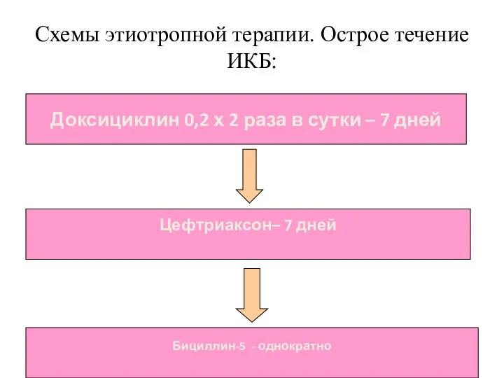 Схемы этиотропной терапии. Острое течение ИКБ: Доксициклин 0,2 х 2