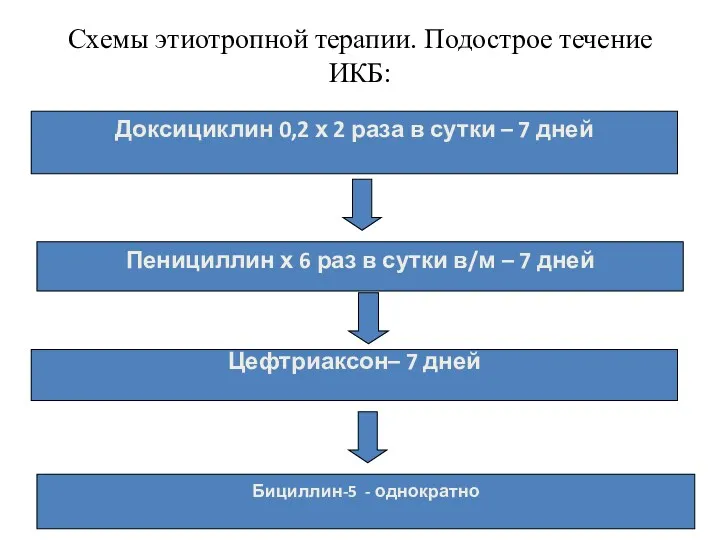 Схемы этиотропной терапии. Подострое течение ИКБ: Доксициклин 0,2 х 2