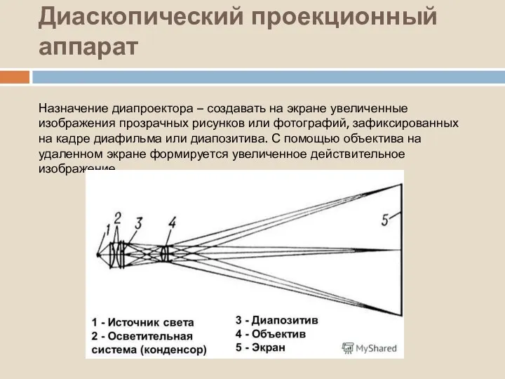 Назначение диапроектора – создавать на экране увеличенные изображения прозрачных рисунков