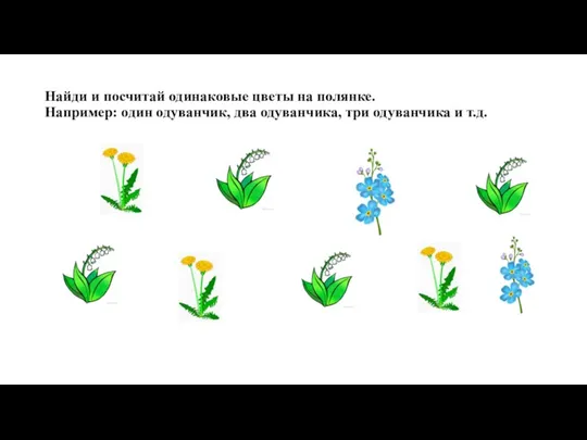 Найди и посчитай одинаковые цветы на полянке. Например: один одуванчик, два одуванчика, три одуванчика и т.д.