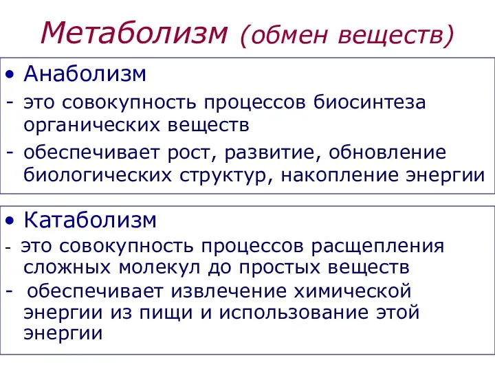 Метаболизм (обмен веществ) Анаболизм это совокупность процессов биосинтеза органических веществ