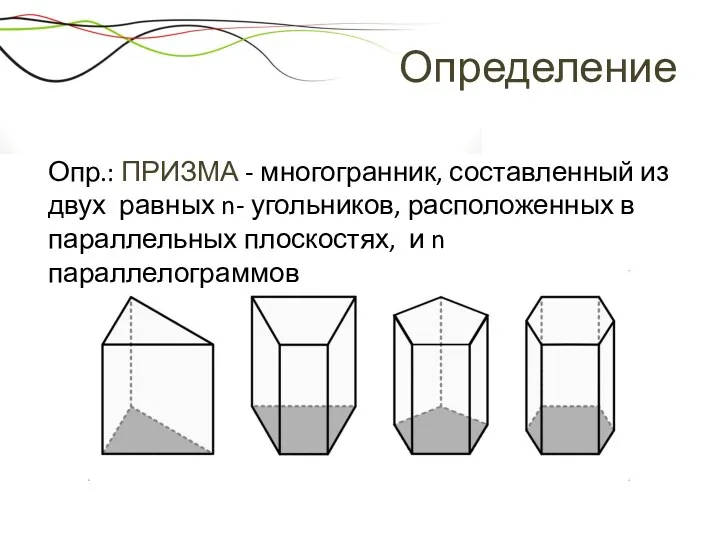 Определение Опр.: ПРИЗМА - многогранник, составленный из двух равных n- угольников, расположенных в