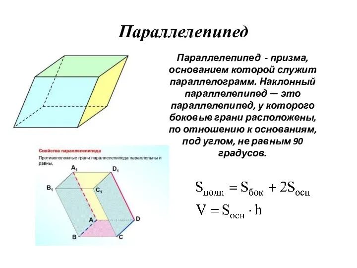 Параллелепипед Параллелепипед - призма, основанием которой служит параллелограмм. Наклонный параллелепипед — это параллелепипед,